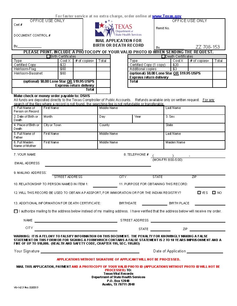 TX Certified Death Certificate request form.